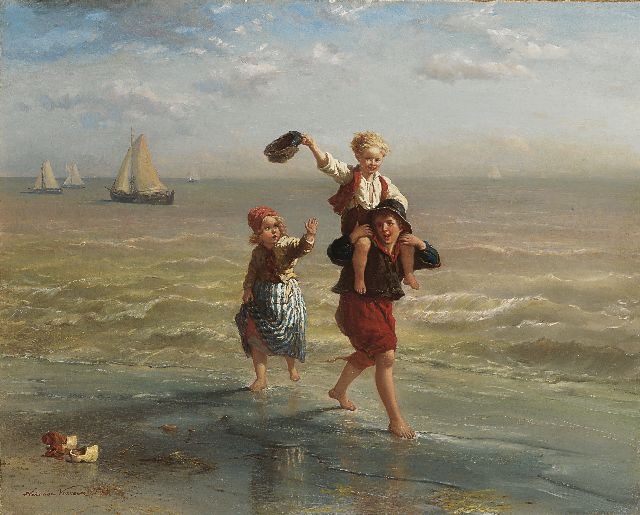 Verveer E.L.  | Children playing in the surf, oil on canvas 60.2 x 75.2 cm, signed l.l. and dated '63