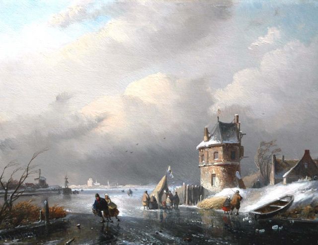 Spohler J.J.  | A winter landscape with figures by a 'koek en zopie', oil on panel 21.9 x 28.5 cm, signed l.l.