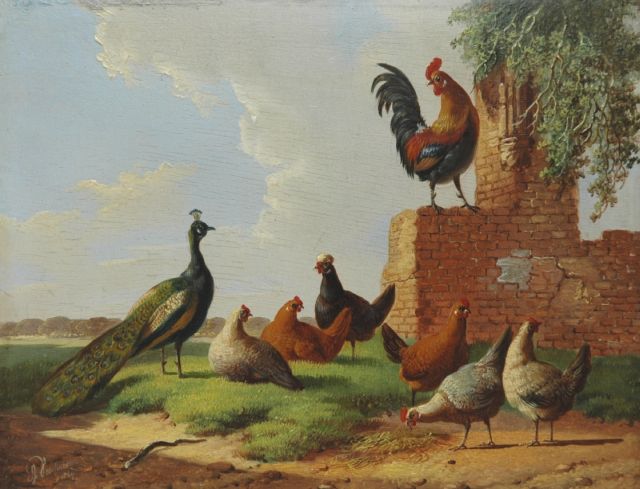 Verhoesen A.  | Poultry in a classical landscape, oil on panel 13.2 x 16.7 cm, signed l.l. and dated 1869