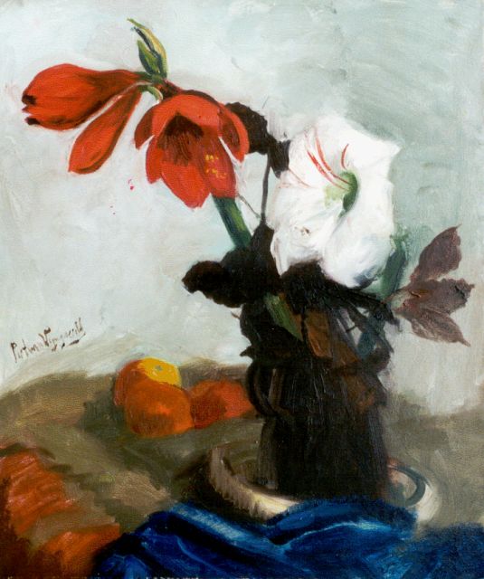 Piet van Wijngaerdt | Red and white amaryllis, oil on canvas, 80.2 x 67.2 cm, signed l.c.