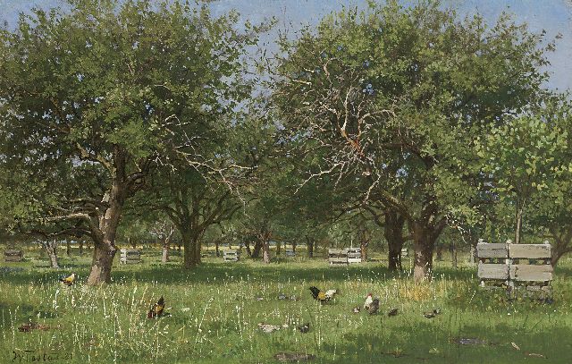 Famars Testas W. de | Chickens in an orchard, oil on canvas laid down on panel 22.4 x 34.9 cm, signed l.l. and dated '81