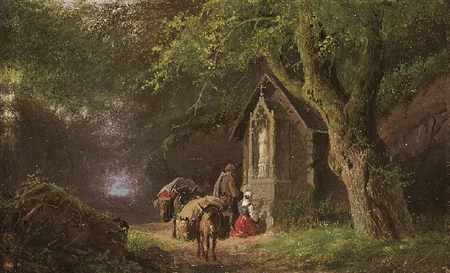 Barend Cornelis Koekkoek | Travellers at a Lady Chapel in the woods, oil on copper, 5.7 x 9.0 cm, signed l.l. with initials and painted between 1845-1849