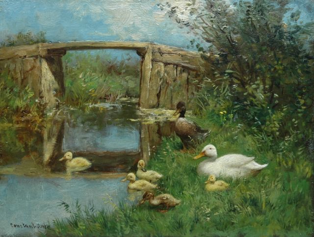 Constant Artz | Family of ducks on a river bank, oil on panel, 18.1 x 24.0 cm, signed l.l.