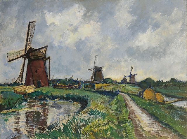 Saalborn L.A.A.  | Windmills in a row at Kinderdijk, oil on board 74.6 x 99.3 cm, signed l.r.