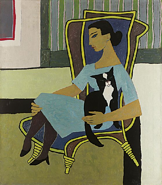 Neut M. van der | Woman with cat, oil on canvas 80.3 x 70.5 cm, signed l.r. with initials and dated '52