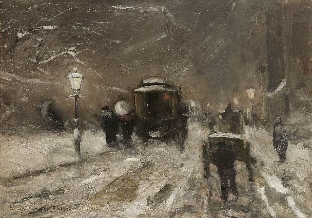 Munthe G.A.L.  | Horsetrams in winter, oil on canvas 47.3 x 66.1 cm, signed l.l. and dated 1900