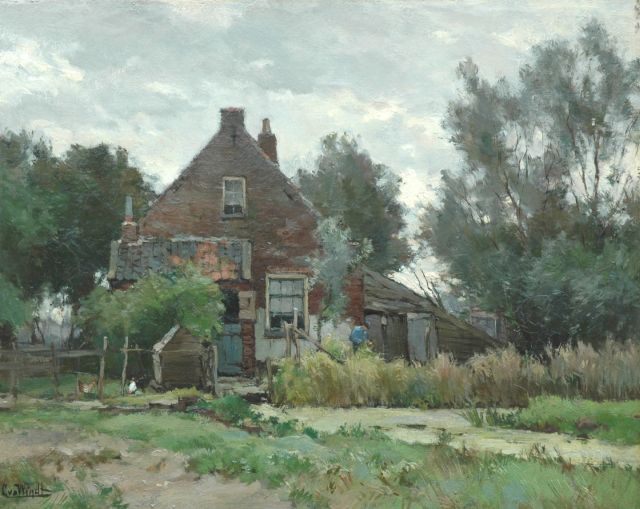 Windt Ch. van der | A farmyard with a farmer and his chickens, oil on canvas 40.2 x 50.2 cm, signed l.l.