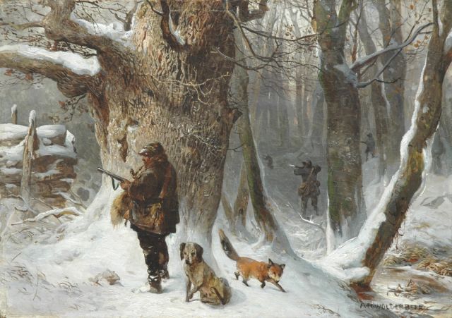 Wolterbeek A.H.  | Huntsmen in a winter landscape, oil on canvas 29.9 x 42.1 cm, signed l.r. and on the reverse