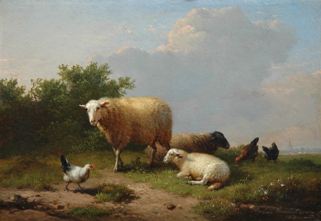 Eugène Joseph Verboeckhoven | Sheep and poultry in a meadow, oil on panel, 14.0 x 20.3 cm, signed l.r. and dated 1874