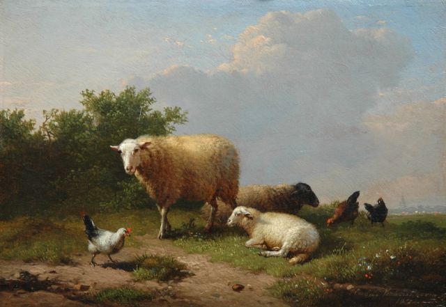 Verboeckhoven E.J.  | Sheep and poultry in a meadow, oil on panel 14.0 x 20.3 cm, signed l.r. and dated 1874