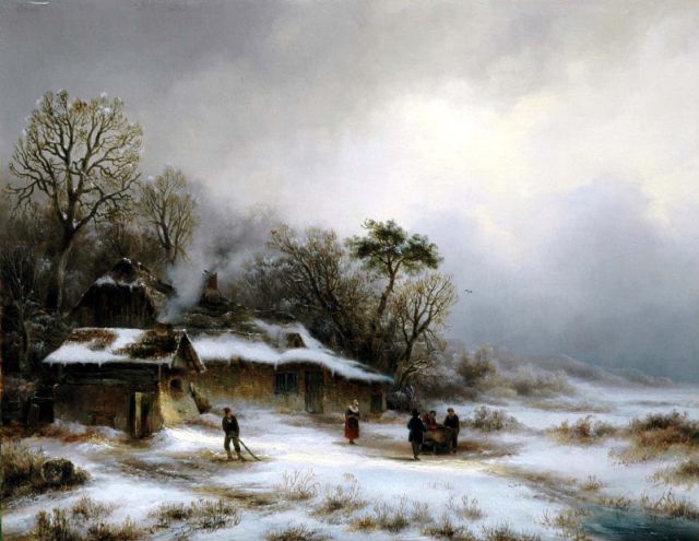 Braakman A.  | Farmer's cottages in a snowy dune landscape, oil on panel 32.7 x 42.4 cm