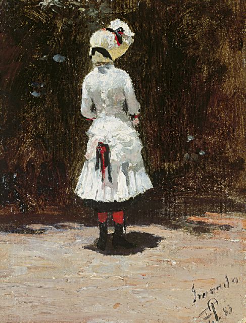Peralta del Campo F.  | A Spanish girl, oil on canvas laid down on board 19.5 x 14.8 cm, signed l.r. with initials and dated '83