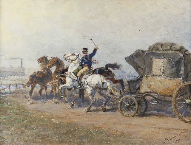 Schermer C.A.J.  | Coming to a stop for the train, watercolour on paper 55.4 x 72.3 cm, signed l.r. and painted 1911