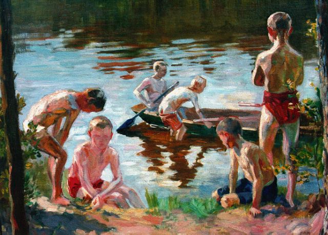 Max Vogel | Boys at play on a riverbank, oil on canvas, 52.0 x 64.0 cm, signed l.r.