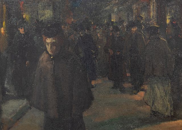 Arntzenius P.F.N.J.  | Crowded shopping street by night, oil on canvas 36.8 x 51.0 cm, gesigneerd l.o. (resten)