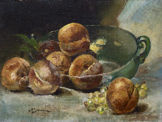 Jeannin G.  | Still life with grapes and peaches, oil on canvas 30.2 x 40.2 cm, signed l.l.