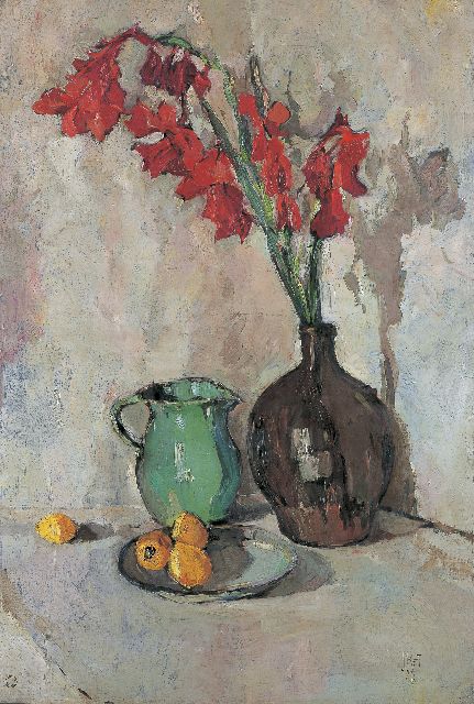 Dick Ket | Still life with red gladiolus in a brown jar and lemons, oil on canvas, 117.0 x 79.2 cm, gesigneerd r.o. + voorzien van atelierstempel and gedateerd '25