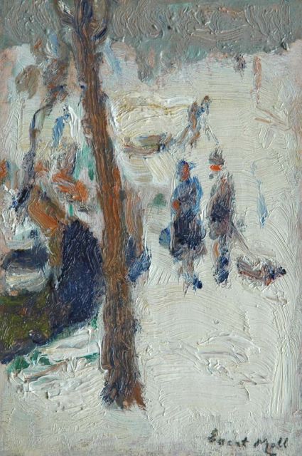 Moll E.  | Strollers in a park in winter, oil on panel 18.2 x 12.1 cm, signed l.r.