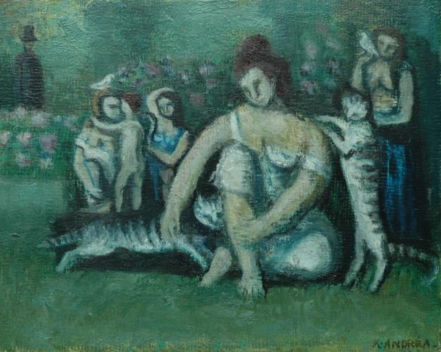 Andréa C.  | Girl with cats, oil on board 24.0 x 30.0 cm, signed l.r.