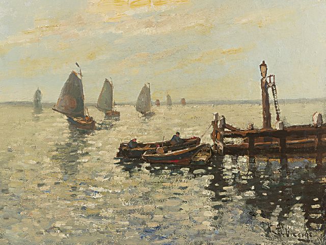 Ben Viegers | Departing flatboats, Volendam, oil on canvas, 30.3 x 40.0 cm, signed l.r.