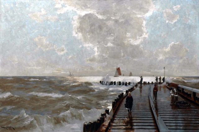 Erwin Günther | Figures on a pier in a storm, oil on canvas, 80.0 x 120.8 cm, signed l.l.