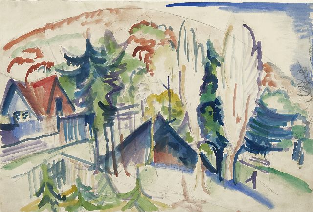 Ernst Ludwig Kirchner | A village in the Taunus mountains, Germany, pencil, chalk and watercolour on paper, 38.3 x 56.6 cm, painted 1916