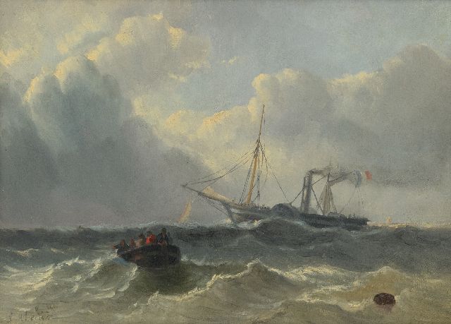 Louis Meijer | A steamer and French paddle steamer at sea, oil on panel, 24.5 x 33.5 cm, signed l.l.