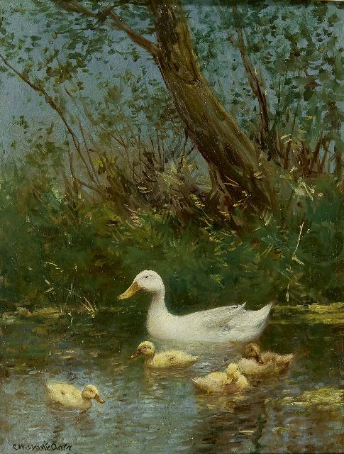 Constant Artz | Duck with ducklings in a pond, oil on panel, 24.0 x 18.0 cm, signed l.l.