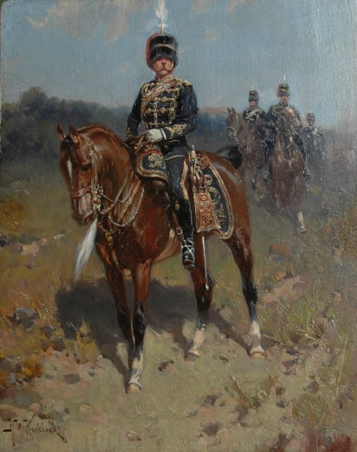 Koekkoek H.W.  | Red Hussars on horseback, oil on panel 27.1 x 21.3 cm, signed l.l.