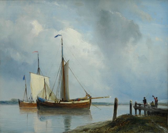 Johan Barthold Jongkind | Sailing vessels in a river landscape, oil on panel, 23.0 x 29.0 cm, signed c.r. and dated '45