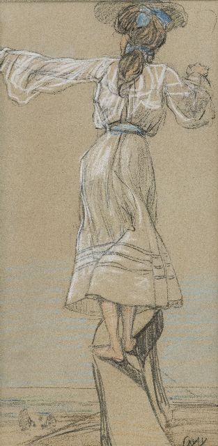 Willem Vaarzon Morel | A young girl overlooking the sea, pastel on paper, 31.6 x 18.2 cm, signed l.r. with monogram