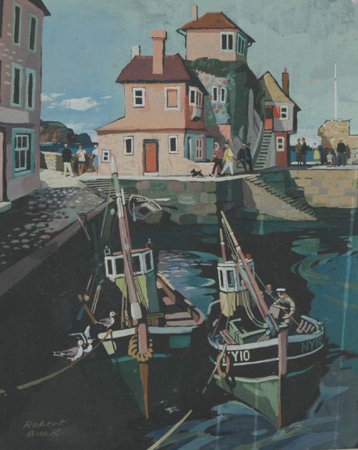 Robert Trenaman Back | Fishing boats in Mevagissey harbour, Cornwall, gouache on paper, 32.0 x 25.8 cm, signed l.l.