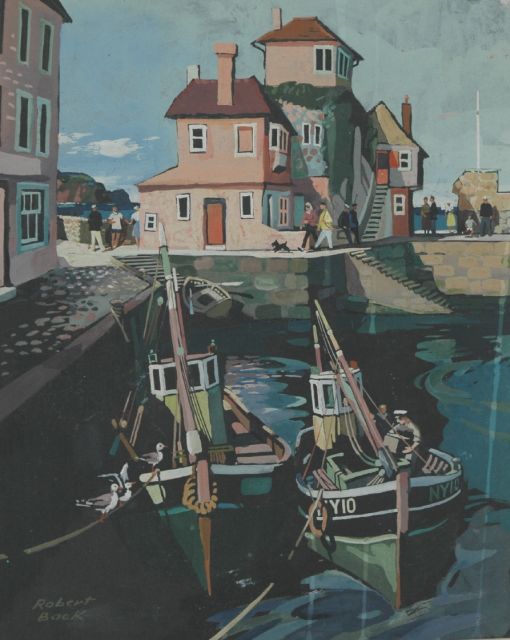 Back R.T.  | Fishing boats in Mevagissey harbour, Cornwall, gouache on paper 32.0 x 25.8 cm, signed l.l.