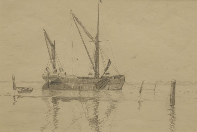 Robert Trenaman Back | A moored 'Thames barge', pencil on paper, 25.3 x 35.7 cm, signed reverse