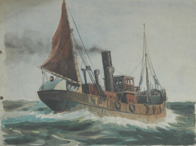 Back R.T.  | Drifter at sea, watercolour on paper 27.5 x 37.7 cm, signed l.r.