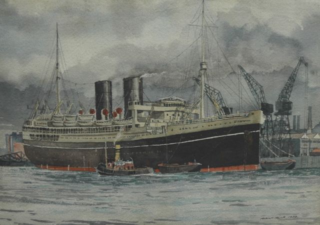 Robert Trenaman Back | The steamer Parapindi by a quayside, watercolour on paper, 25.5 x 35.6 cm, signed l.r. and verso and dated 1938