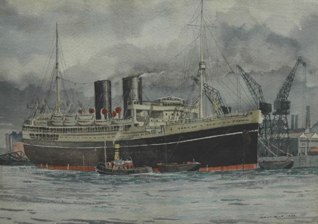 Back R.T.  | The steamer Parapindi by a quayside, watercolour on paper 25.5 x 35.6 cm, signed l.r. and verso and dated 1938