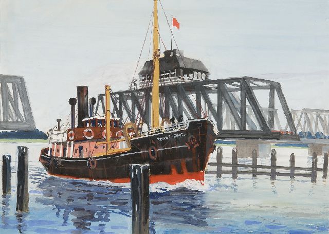 Robert Trenaman Back | Trawler sailing near a turn bridge, watercolour on paper, 24.4 x 33.4 cm