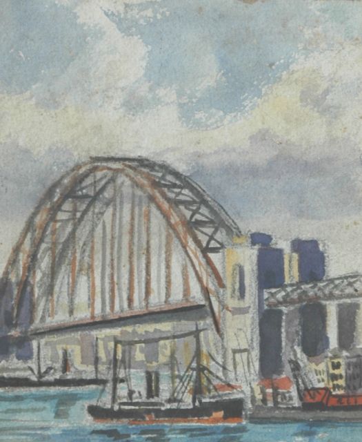 Robert Trenaman Back | Ships by the Sydney Harbour Bridge, Sydney, Australia, pencil and watercolour on paper, 13.3 x 11.2 cm