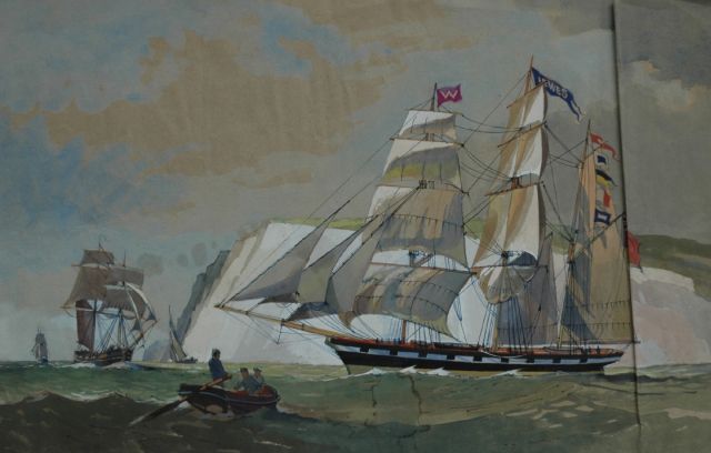 Robert Trenaman Back | Sailing boat off the English shore, pen, ink and watercolour on paper, 32.0 x 50.6 cm