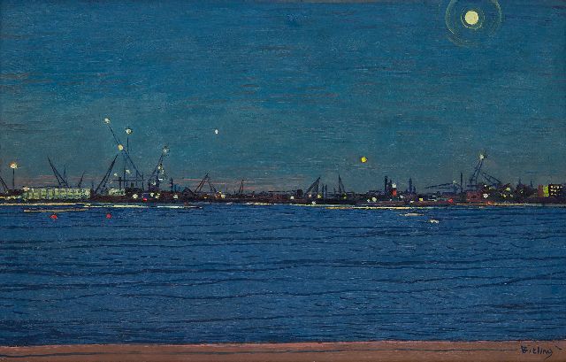 Herman Bieling | The river Maas by night, oil on canvas, 38.4 x 60.1 cm, signed l.r.