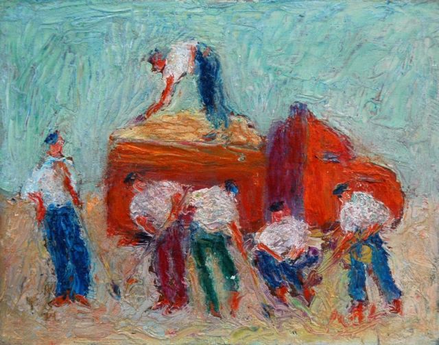 Rodolphe Banet | Loading the truck, oil on board, 13.7 x 17.5 cm, signed l.l. and reverse and dated '24