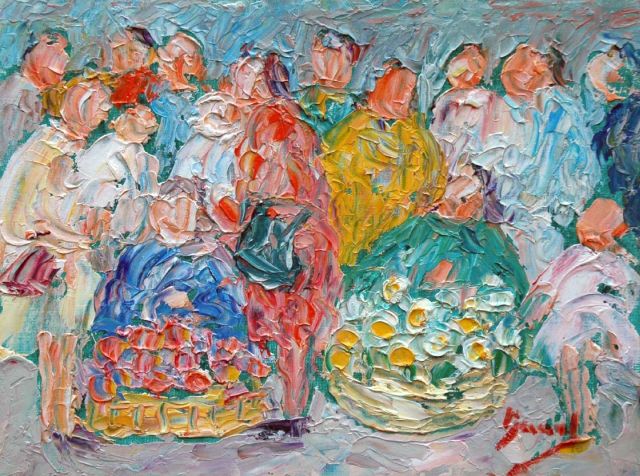 Banet R.  | A family celebration, oil on board 17.9 x 23.7 cm, signed l.r.