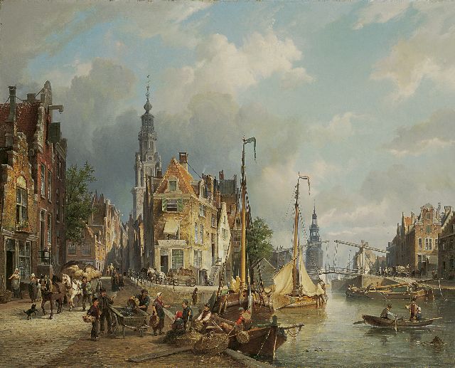 Dommelshuizen C.C.  | The Zwanenburgwal with the Montelbaanstoren in the distance, Amsterdam, oil on canvas 61.6 x 76.5 cm, signed l.c. and with initials on the fish cart and dated 'Bruxelles 1873'