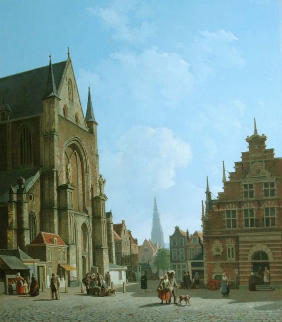 Johannes Rutten | View of the Grote Markt, with the St. Bavokerk, the Vleeshal and the Nieuwe Kerk, Haarlem, oil on panel, 70.1 x 61.0 cm, signed l.r. and dated '57