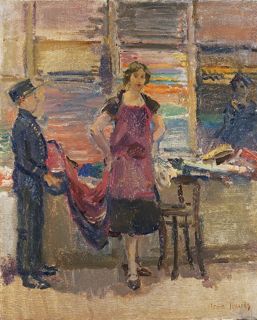 Israels I.L.  | Trying on fabrics in Maison Wijnman, The Hague, oil on canvas 80.0 x 65.5 cm, signed l.r. and painted between 1925-1926