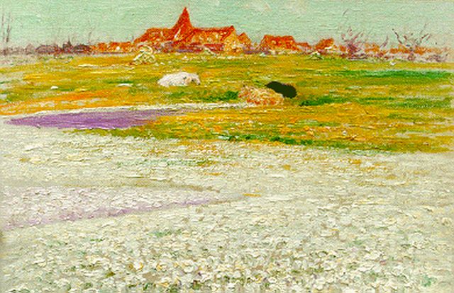 Albert Lefebvre | Bulb fields, a village in the distance, oil on canvas, 26.0 x 35.5 cm, signed l.l.