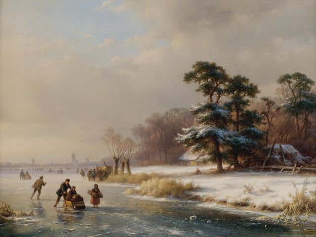 Kleijn L.J.  | Skating fun on a frozen river, oil on panel 34.5 x 46.0 cm, signed l.l.