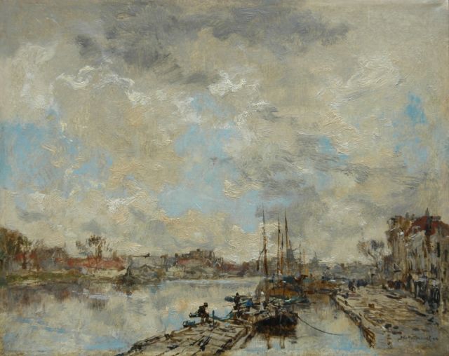 Mastenbroek J.H. van | Fishing boats alongside a quay, oil on canvas 28.6 x 35.7 cm, signed l.r. and dated 1914