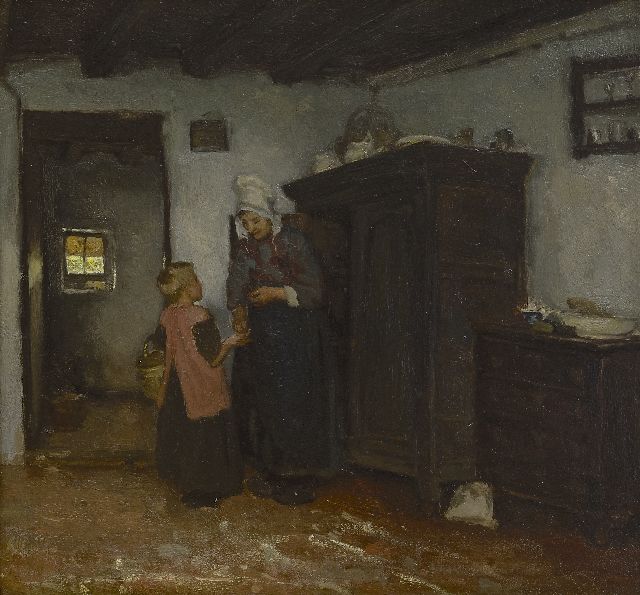 Neuhuys J.A.  | A farm interior with a woman and child, oil on panel 40.4 x 43.7 cm, signed on a label on the reverse